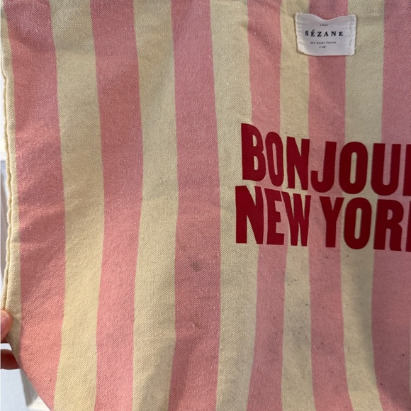 Sezane Pink and Yellow Striped Tote Bag “Bonjour New York” - Picture 2 of 3